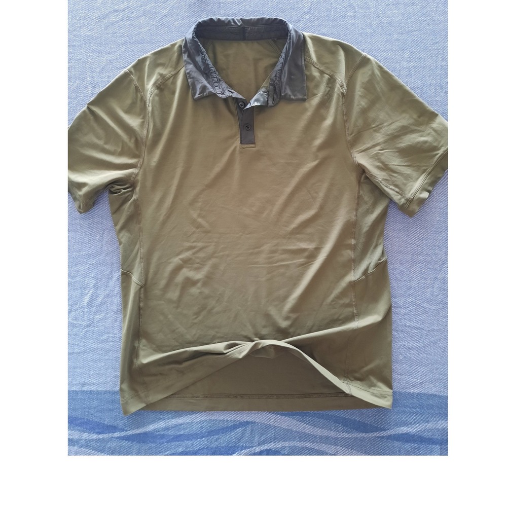 Lululemon Men Metal Vent Tech Active Polo‎ Shirt Olive Green Short Sleeve XL SEE